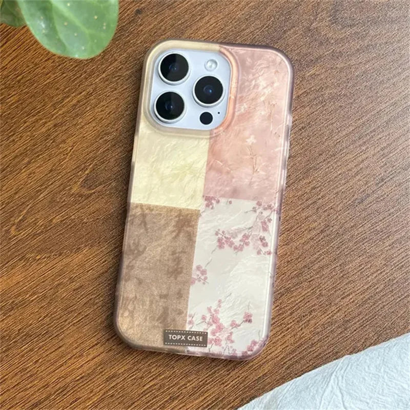 Splicing Flowers Phone Case For IPhone 16 16E 15 14 13 12 11 Pro XR XS Max 7 8 Plus Phone Shockproof Girl Cover Case Funda