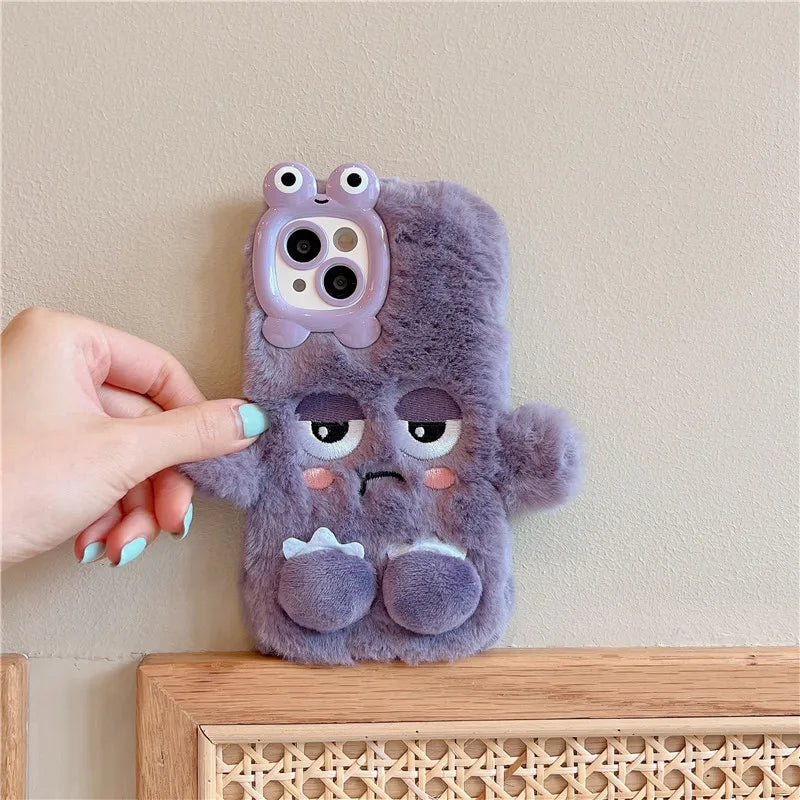 3D Cute Cartoon Funny Phone Cases For iPhone 17 16 15 14 13 12 11 Pro Max Warm Winter Fluffy Plush Soft Bumper Protection Cover