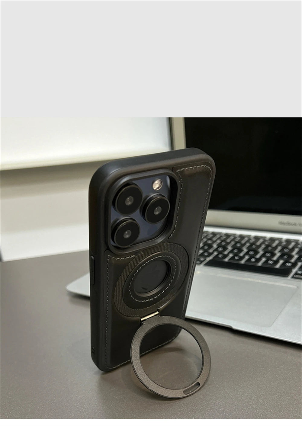 Luxury Magnetic Stand Ring PU Leather Phone Case For iPhone 16 15 14 13 12 Pro Max Magsafe Wireless Charging Hollow Logo Cover