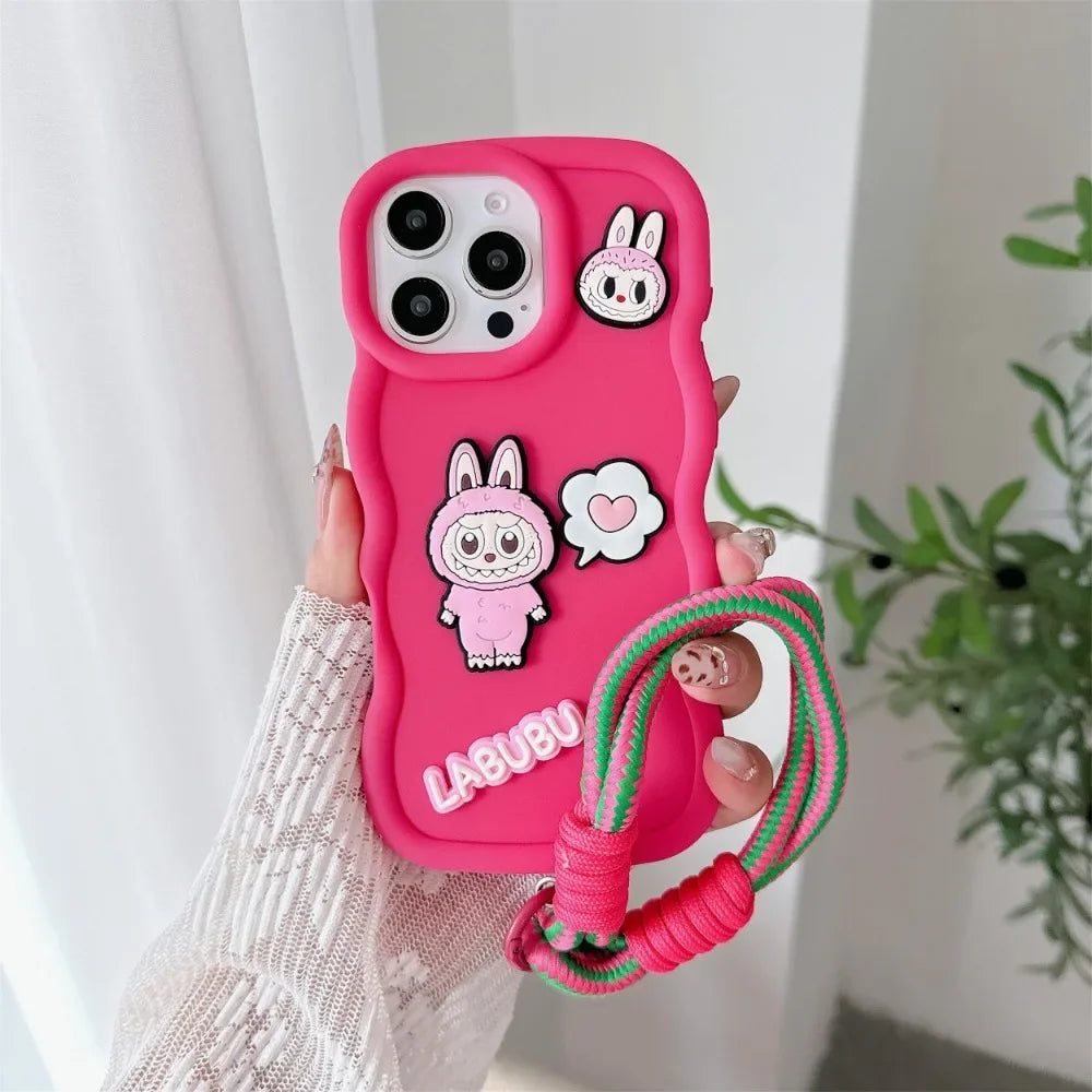 Cute Cartoon Wrist Strap Phone Case for IPhone 16 15 14 13 12 11 Pro Max XS X XR 7 8 Plus Silicone Soft Protective Cover