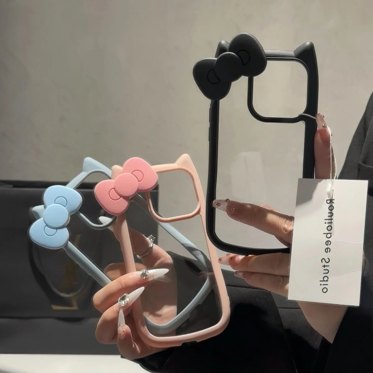 Cute Bowknot Silicone Cat Ear Case For iPhone 16 16E 15 14 Pro Max 13 12 11 Plus Clear Shockproof Hard Acrylic Bumper Back Cover