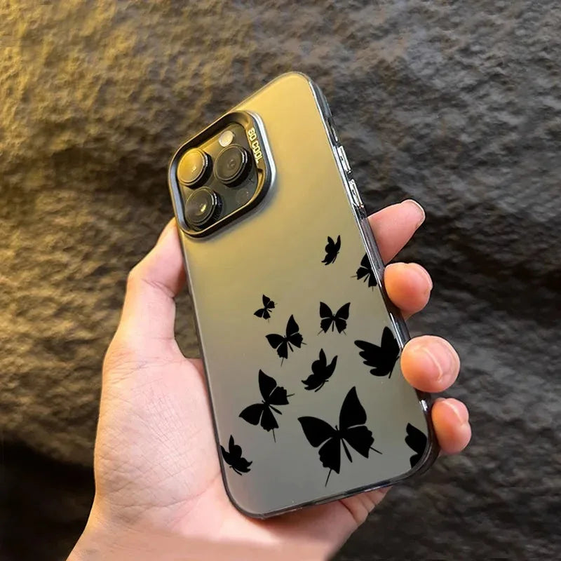For iPhone 16 15 14 Plus 13 12 11 Pro MAX 16E Shockproof Drawing Butterfly Lens Protect Plating Phone Cover Case