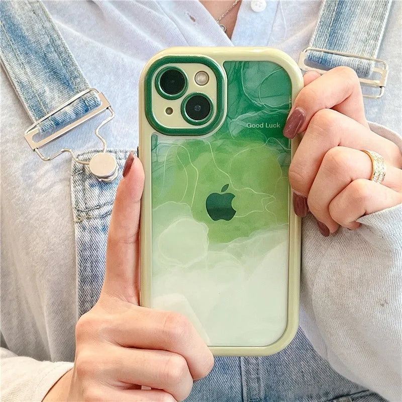 Gradient Pink Green Abstract Oil Painting Acrylic Clear Case For iPhone 16 Pro Max 15 14 13 12 11 Soft Bumper Hard Back Cover