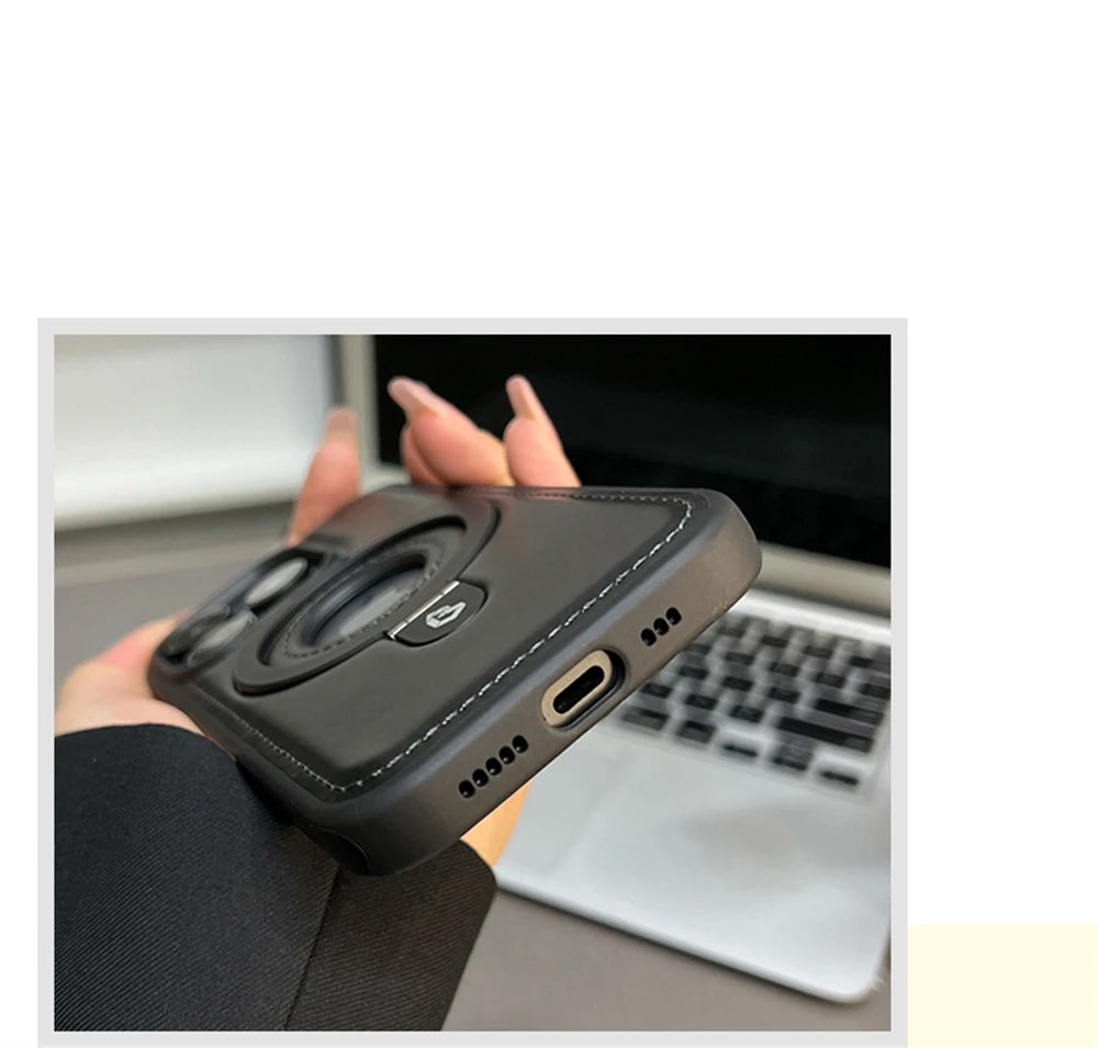Luxury Magnetic Stand Ring PU Leather Phone Case For iPhone 16 15 14 13 12 Pro Max Magsafe Wireless Charging Hollow Logo Cover