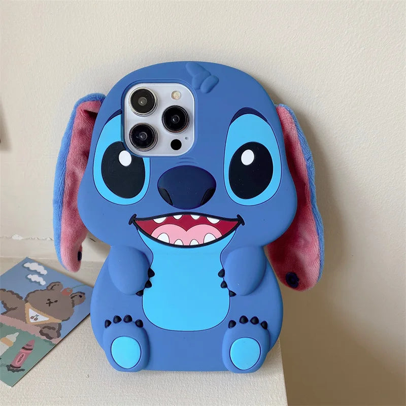 3D Fluffy Fur Plush Big Ear Cartoon Stitch Phone Case For iPhone 16 15 14 13 12 Pro Max Silicone Shockproof Protective Cover