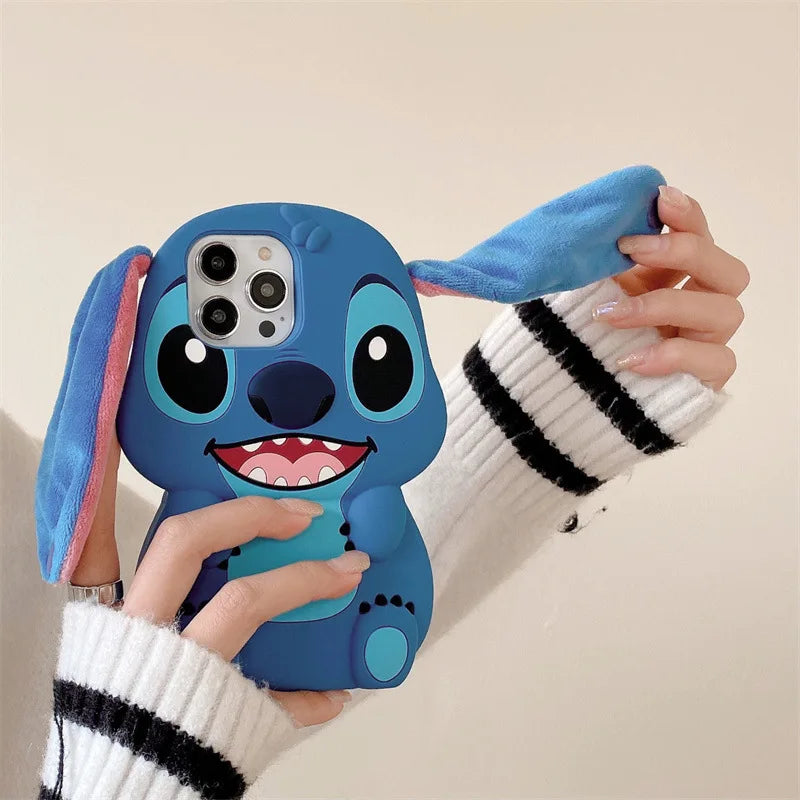 3D Fluffy Fur Plush Big Ear Cartoon Stitch Phone Case For iPhone 16 15 14 13 12 Pro Max Silicone Shockproof Protective Cover