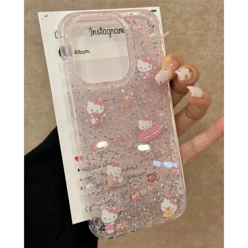 Luxury Glitter lovely Hello Kitty Clear Soft Case protection for iPhone 16 15 13 12 11 14 Pro Max XS XR 16 7 8 Plus X SE Coque