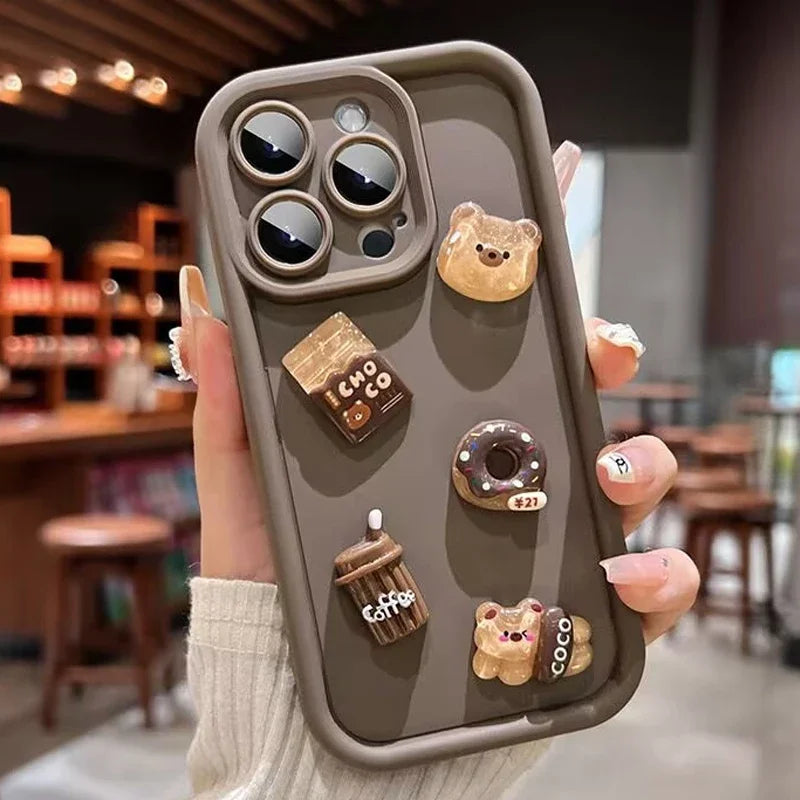 Cute 3D Bear Coffee Doughnut Phone Case For Xiaomi Poco X6 X5 X3 F5 F6 M6 X7 Pro Mi 14T 14 13T 13 12T 12 11 Lite 5G Soft Cover