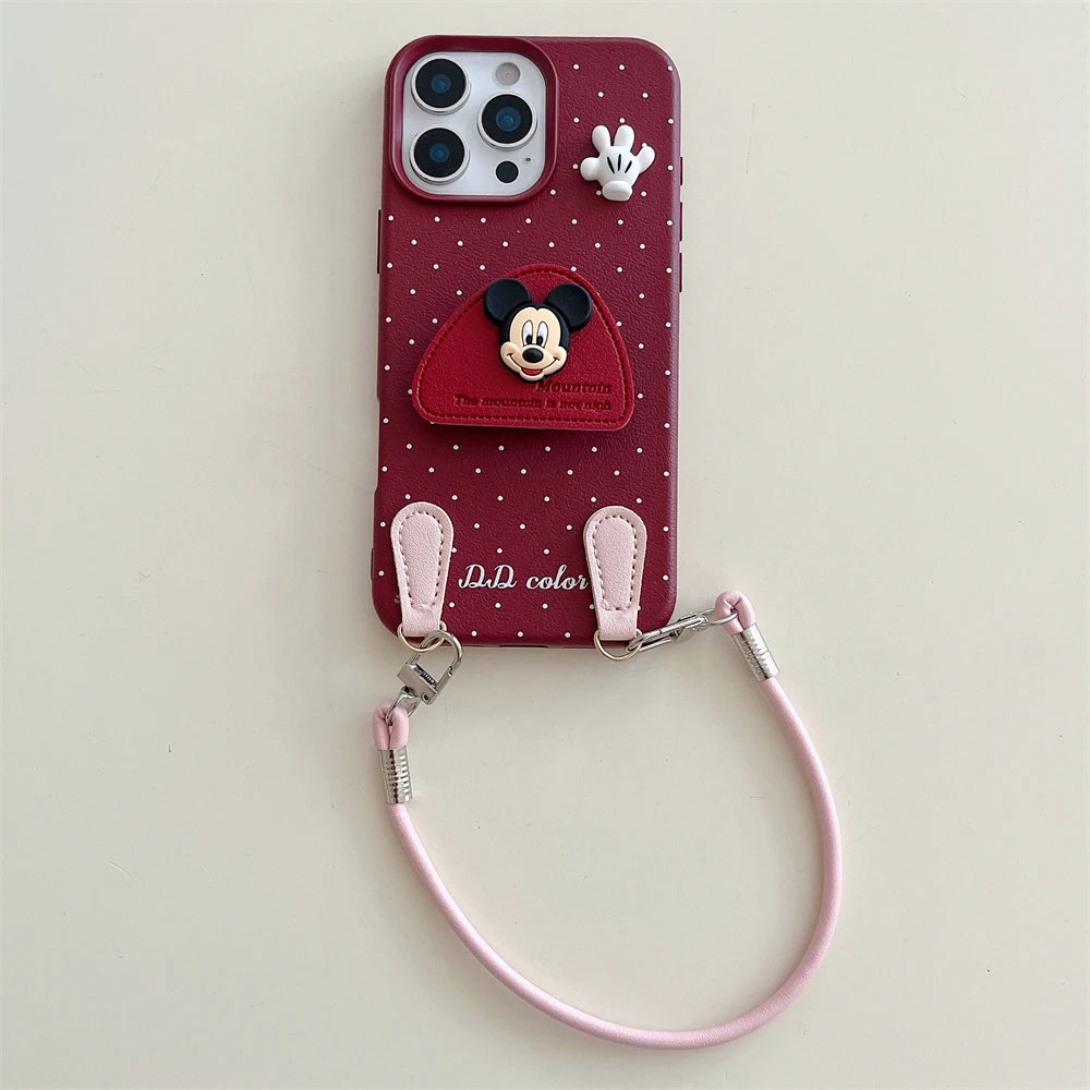 Disney 3D Mickey Stand Holder Polka Leather Case for iPhone 16 15 14 Plus 13 12 11 Pro Max Wrist Hand Strap Shockproof Cover