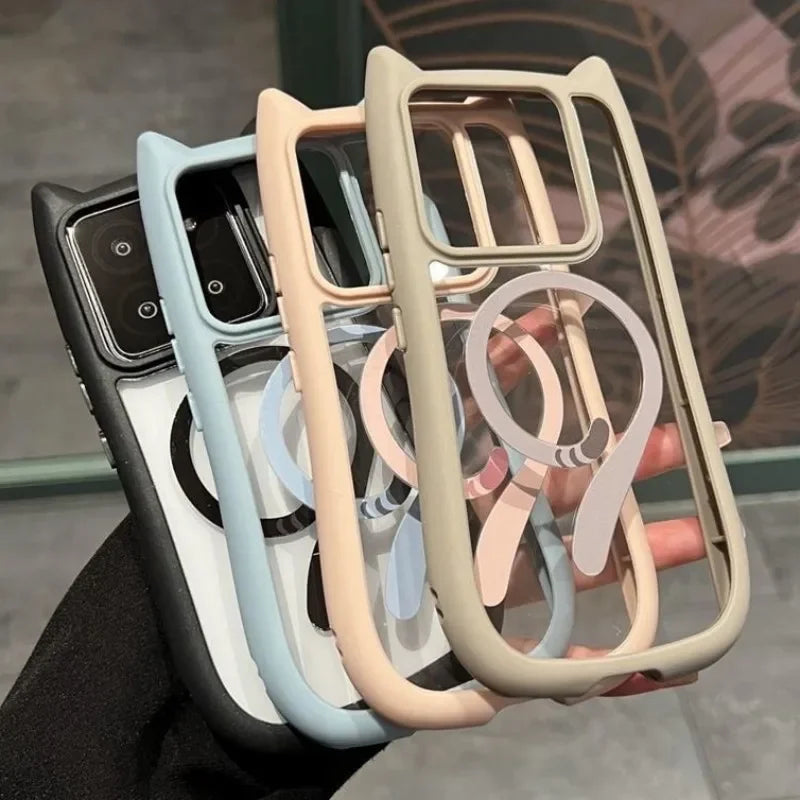 Magnetic Magsafe Lovely Cat Ear Clear Case For Xiaomi 15 Ultra 14 Pro 14 Redmi Note 13 5G Hard Shockroof Wireless Charge Cover