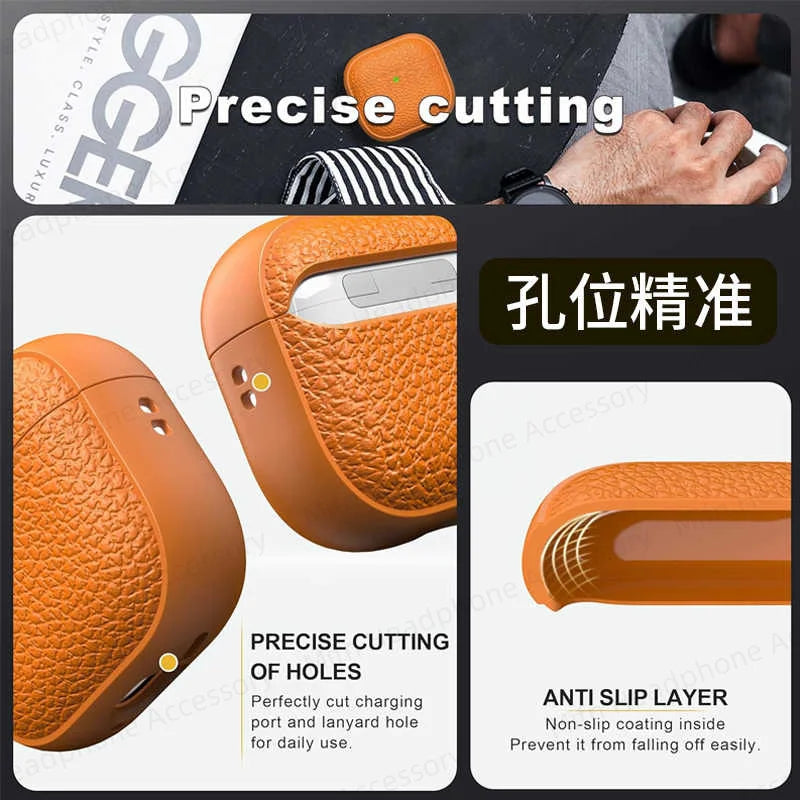 For AirPods 4 Lichee Pattern Case with Lanyard/Cleaner Kit Business Earphone Cases for Men Women For Apple AirPods Pro Headset