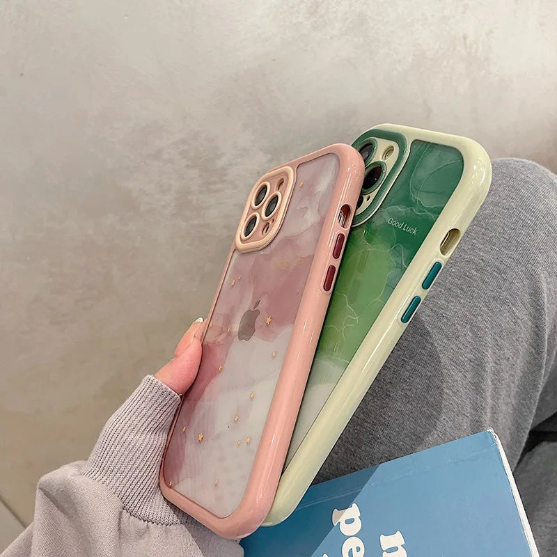 Gradient Pink Green Abstract Oil Painting Acrylic Clear Case For iPhone 16 Pro Max 15 14 13 12 11 Soft Bumper Hard Back Cover