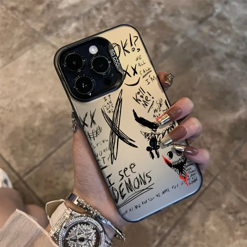 Graffiti Devil Design Phone Case For iPhone 16ProMax 16Pro 16Plus 16E 16 15 14 Plus 13 12 11 Pro Max Shockproof Hard Cover