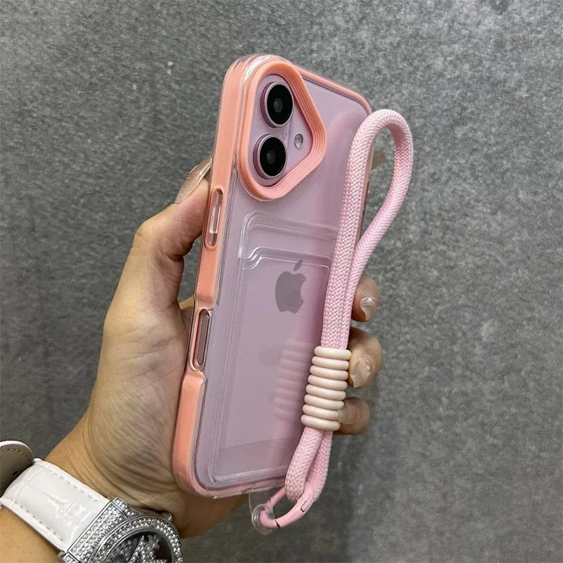 Luxury Card Slot Bag Clear With lanyard Phone Case For iPhone 11 12 13 14 15 Pro Max 16 Plus XS Shockproof Bumber Soft TPU Cover