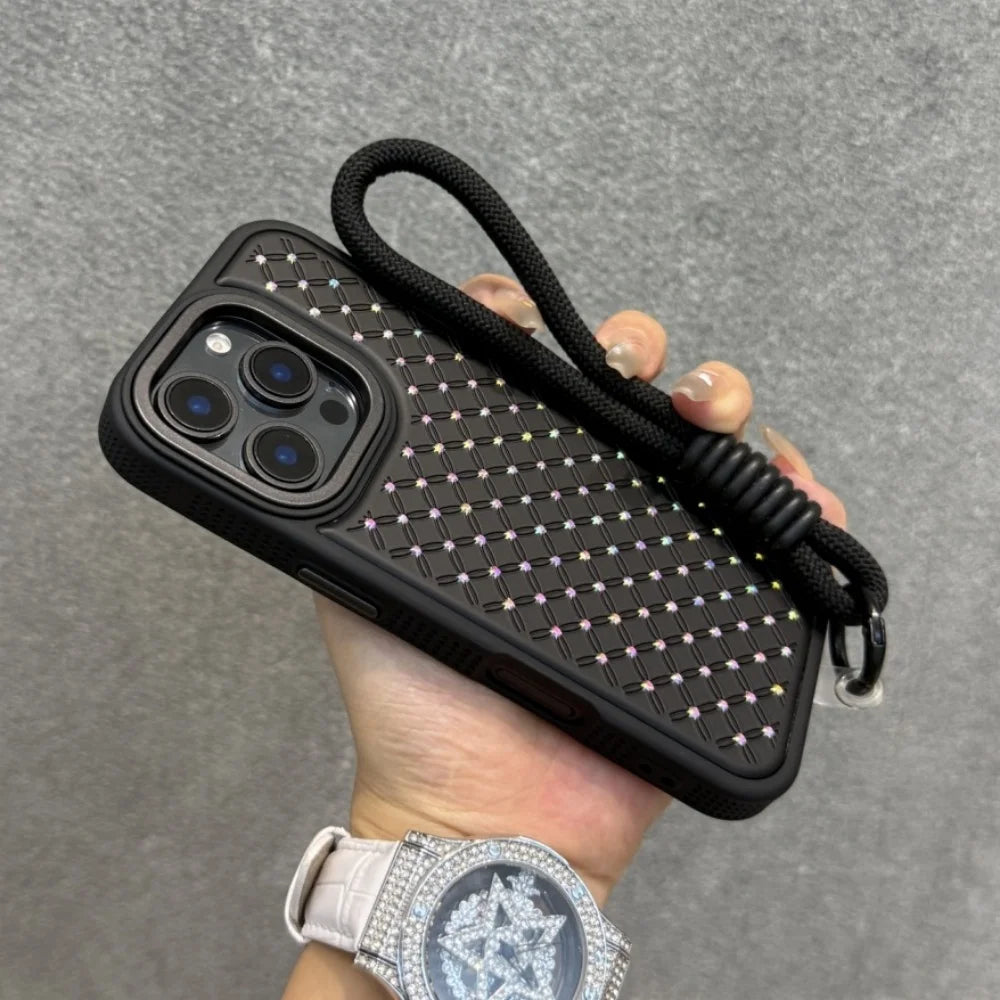 Luxury Flash Diamond Wrist Strap Lanyard Phone Case For iPhone 16e 15 14 13 12 11 Pro Max 16 Plus Sparkling Shockproof Cover