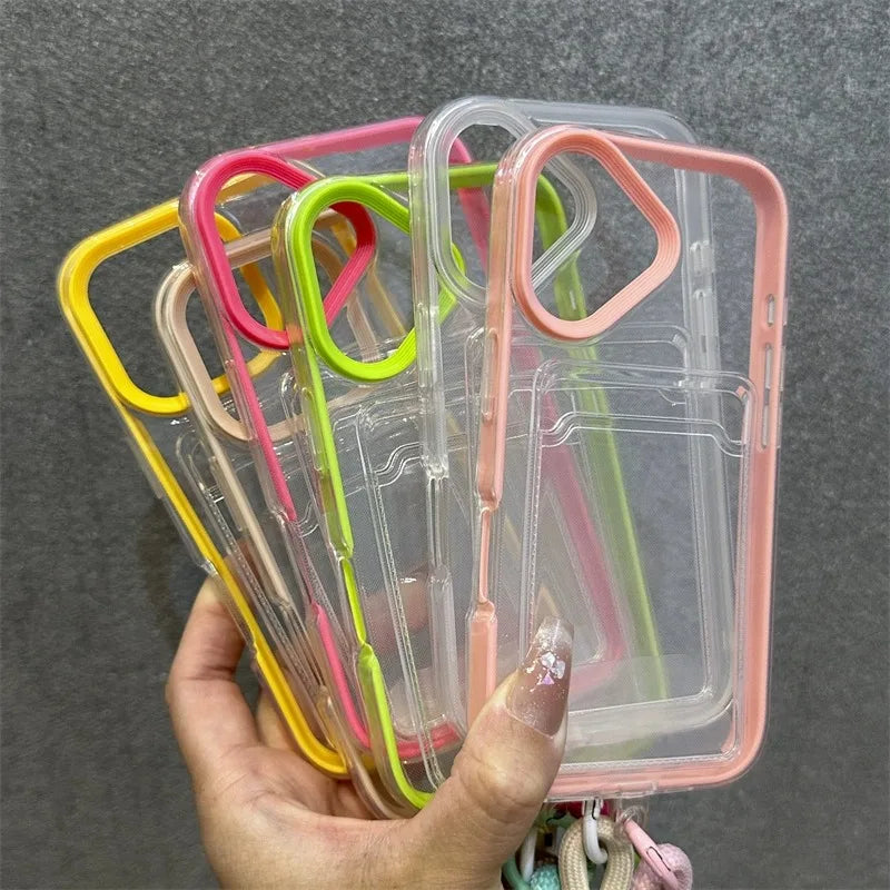 Luxury Card Slot Bag Clear With lanyard Phone Case For iPhone 11 12 13 14 15 Pro Max 16 Plus XS Shockproof Bumber Soft TPU Cover