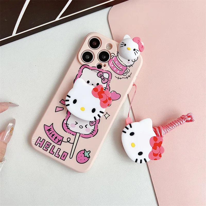 Hello Kitty Sanrio doll Hanging rope pink Phone Case For iPhone 15 14 13 12 11 Pro Max Xr Xs 15 14 Plus Case Cute cartoon Cover
