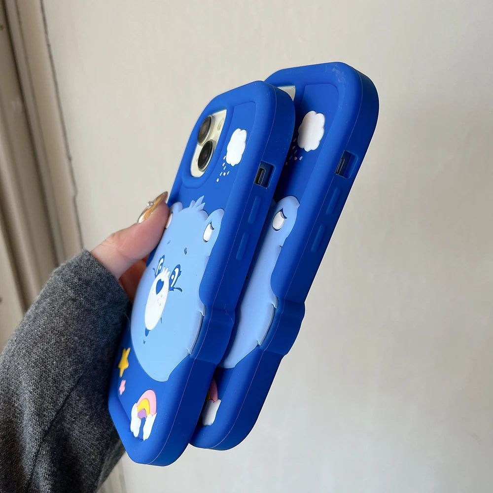 Cute 3D Cartoon Blue Rainbow Bear Soft Silicone Case For iPhone 16 15 14 Promax 13 12 Pro Max Shock Proof Cover Capa Phone Cases