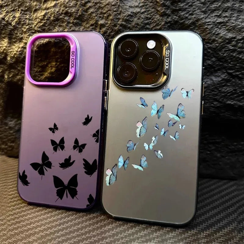 For iPhone 16 15 14 Plus 13 12 11 Pro MAX 16E Shockproof Drawing Butterfly Lens Protect Plating Phone Cover Case