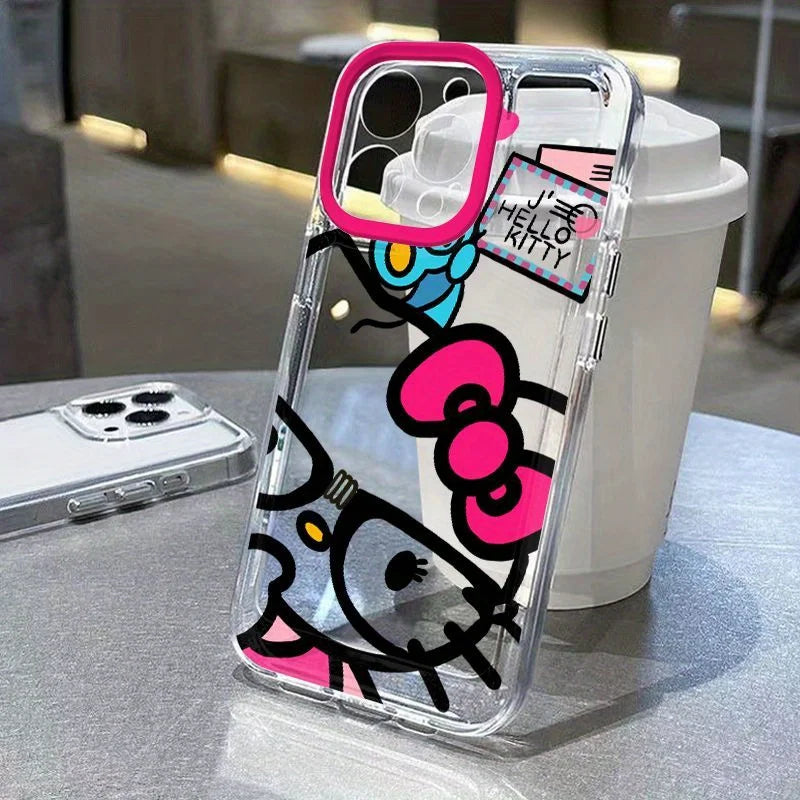 Cute Full screen Sanrio Hello Kitty Case For iPhone 17 16 15 14 13 12 Pro Max XR Plus Kawaii Transparent Soft TPU Cover Funda