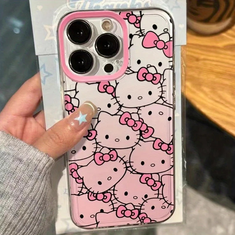 Cute Full screen Sanrio Hello Kitty Case For iPhone 17 16 15 14 13 12 Pro Max XR Plus Kawaii Transparent Soft TPU Cover Funda