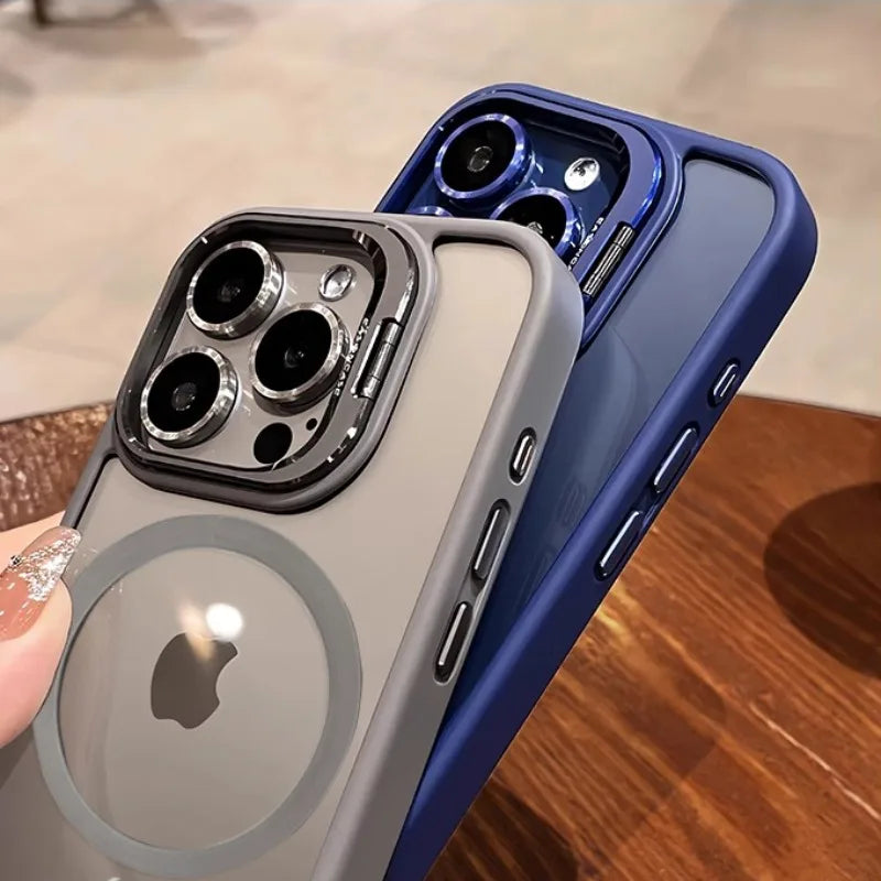 New Phone Case For iPhone 16 15 14 13 12 11 Pro Max Plus 17 Air For Magsafe Transparent Magnetic Lens Metal Stand Holder Cover
