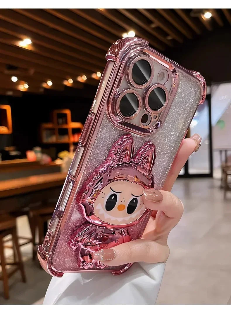 Cute L-La-bubuES Phone Case for iPhone 16 15 14 13 12 11 Pro Max Plus 16E X XR Shockproof Plating Silicone Glitter Powder Cover