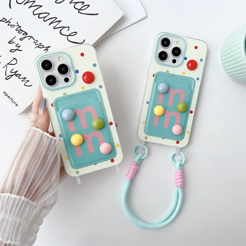 Japan Cute color bean card bag wrist strap silicone phone case for iphone 15 Pro Max 11 12 13 14 Xs Xr cartoon protection cover