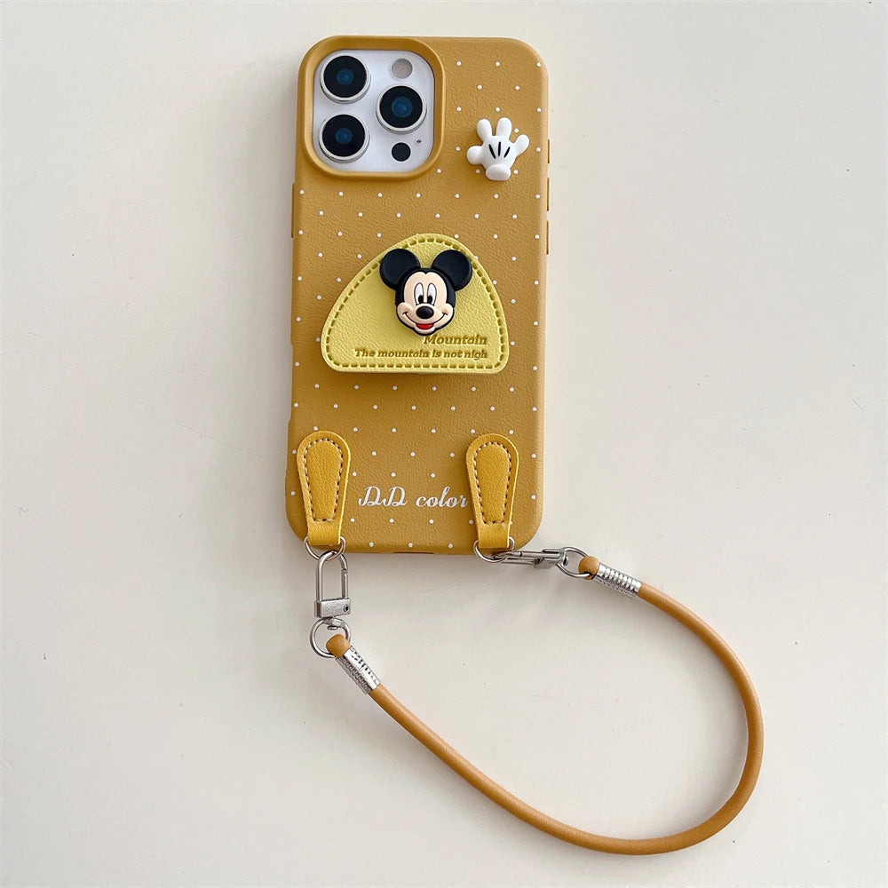 Disney 3D Mickey Stand Holder Polka Leather Case for iPhone 16 15 14 Plus 13 12 11 Pro Max Wrist Hand Strap Shockproof Cover