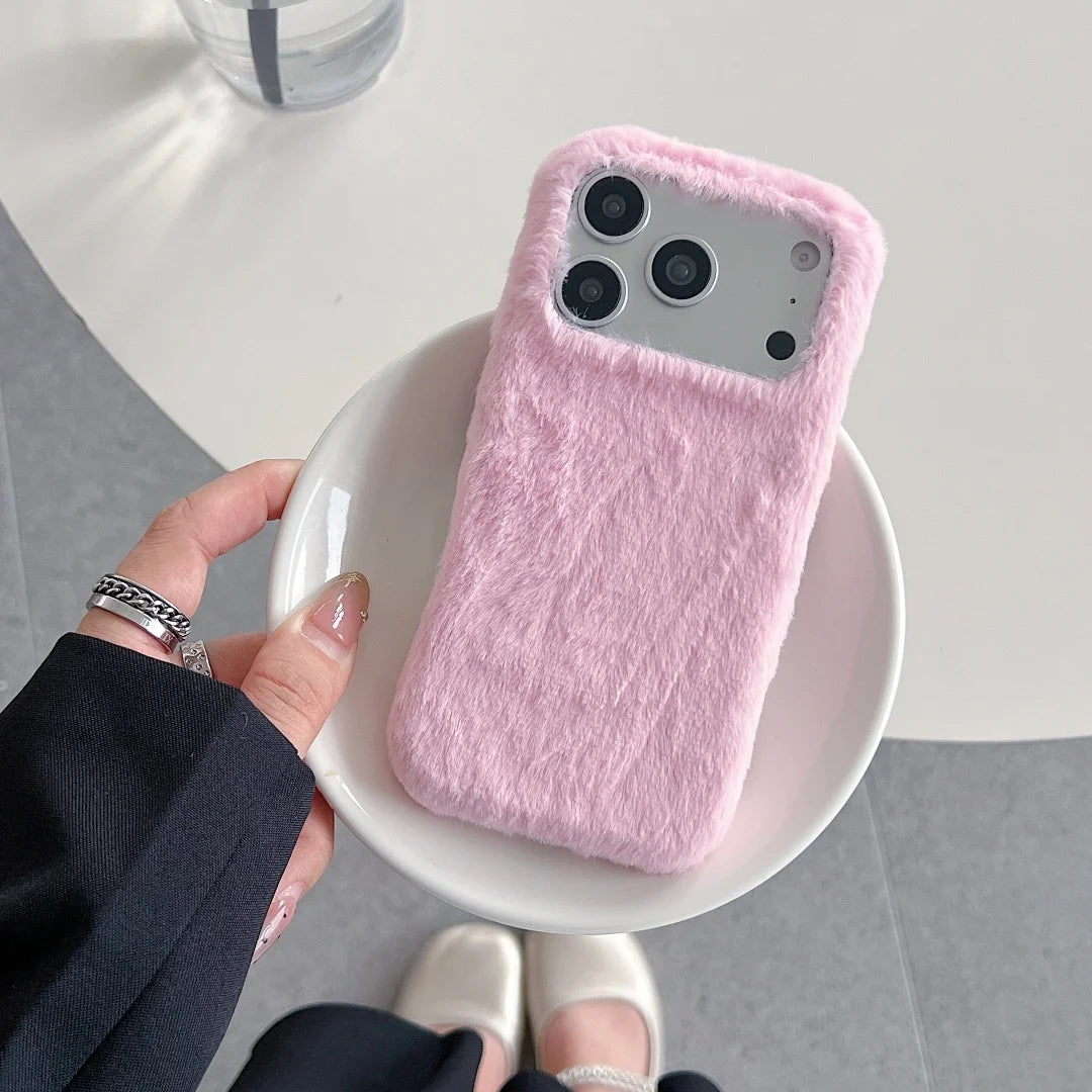 Winter Warm Fur Fluffy Phone Case for iPhone 17 Pro Max 16 15 14 13 Pro Max Solid Color Plush Sweater Girl Protection Cover