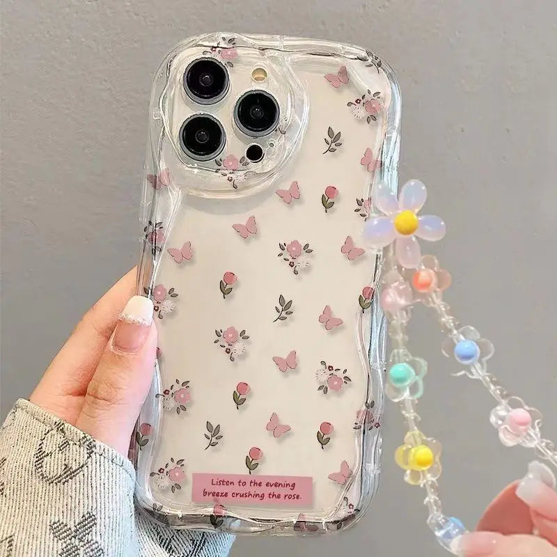 Phone Cases For IPhone 15 Pro Max 14 11 12 13 Mini XR 6s 6 8 7 Plus X XS SE 2020 Soft TPU Flower Bracelet Chain Shockproof Case