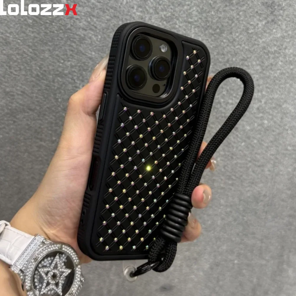 Luxury Flash Diamond Wrist Strap Lanyard Phone Case For iPhone 16e 15 14 13 12 11 Pro Max 16 Plus Sparkling Shockproof Cover