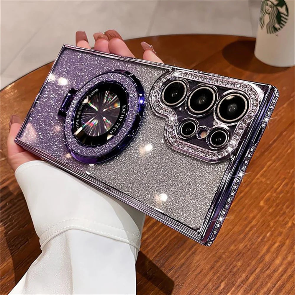 Luxury Glitter For Magsafe Magnetic Ring Stand Case for Samsung Galaxy S25 S24 S23 Ultra S22 Plus A55 A35 A25 A15 Diamond Cover