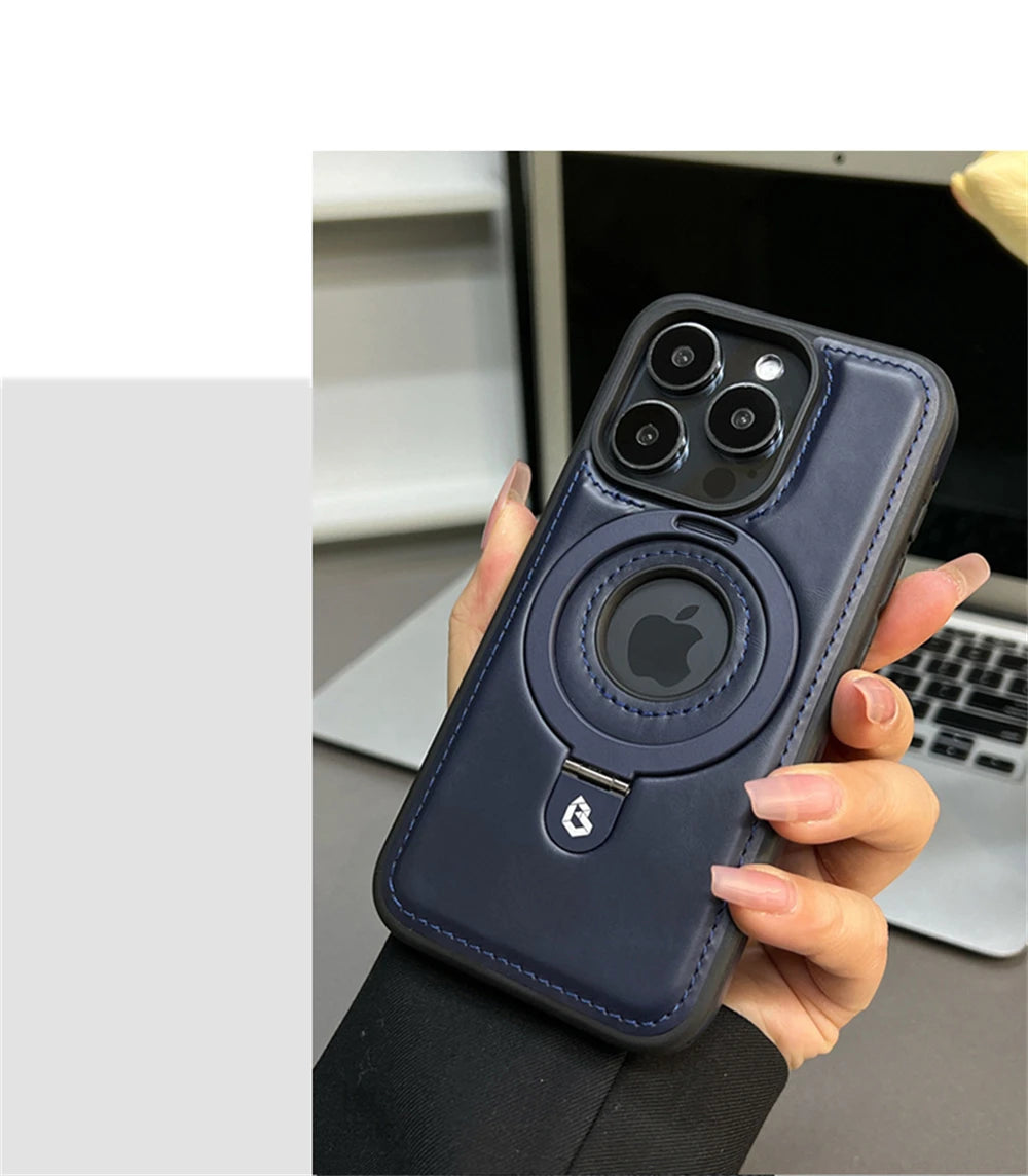 Luxury Magnetic Stand Ring PU Leather Phone Case For iPhone 16 15 14 13 12 Pro Max Magsafe Wireless Charging Hollow Logo Cover