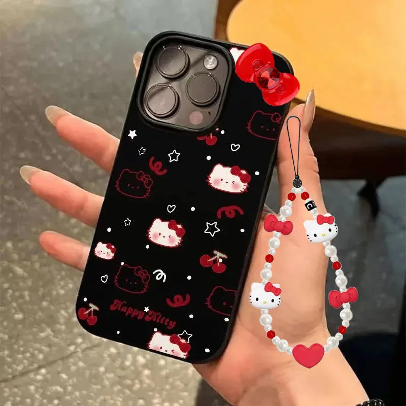 Hello Kitty Black Bow Strap Cherry Phone Case For iPhone 16 15 14 13 12 11 Pro Max XR XS MAX 7 8 Plus MINI Y2K Girl Cool Cover