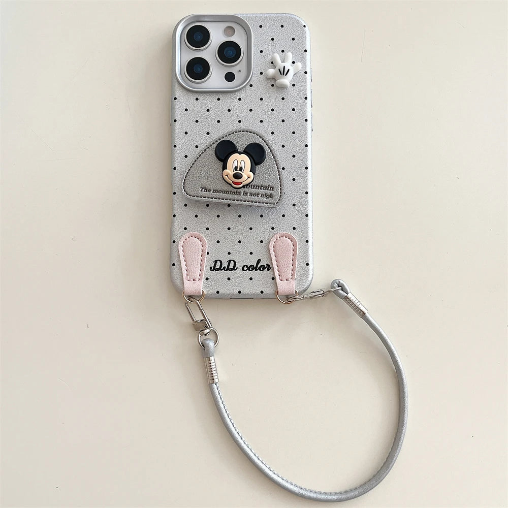 Disney 3D Mickey Stand Holder Polka Leather Case for iPhone 16 15 14 Plus 13 12 11 Pro Max Wrist Hand Strap Shockproof Cover