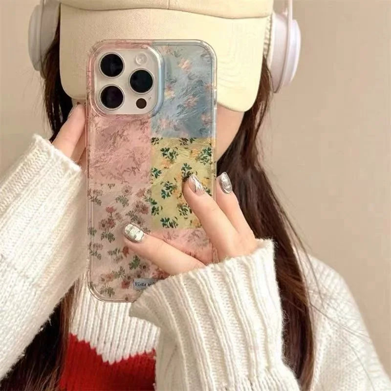 Splicing Flowers Phone Case For IPhone 16 16E 15 14 13 12 11 Pro XR XS Max 7 8 Plus Phone Shockproof Girl Cover Case Funda