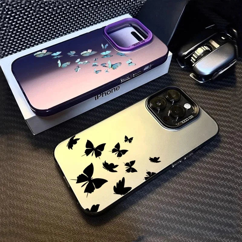 For iPhone 16 15 14 Plus 13 12 11 Pro MAX 16E Shockproof Drawing Butterfly Lens Protect Plating Phone Cover Case