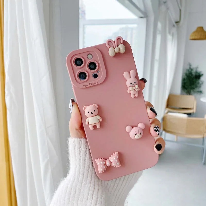 Cute 3D Bear Phone Case For iPhone16 11 12 13 Mini 14 15 Pro Max Anti Knock Back Cover for iPhone X XR XS Max 7 8 6 6s Plus Capa