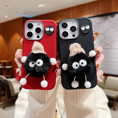 3D Doll Plush Briquettes Leather Phone Case For iPhone 16 15 14 13 12 11 Pro Max X XS Max XR 7 8 Plus SE2 Shockproof Soft Cover