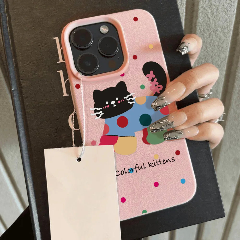 Cute Cartoon Black Cat Dots Leather Phone Case For iPhone 11 Case iPhone 16 14 12 15 13 Pro Max 16 15 Plus Soft Silicone Cover
