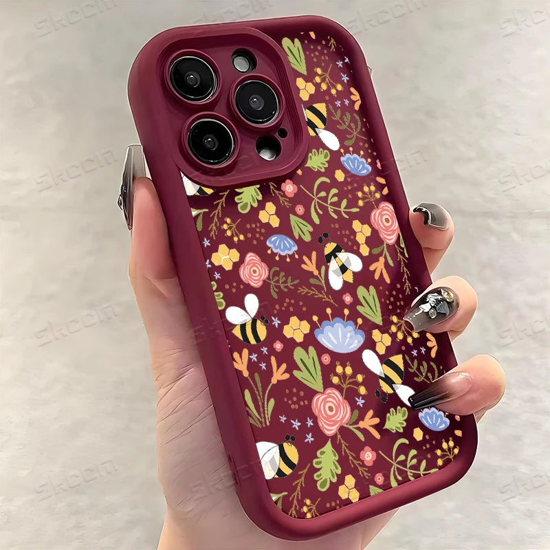 Cute Honeybee Flower Pattern Silicone Phone Case For iPhone 16 16E 15 14 13 12 11 Pro Max XS X XR 7 8 Plus SE2 Soft TPU Cover