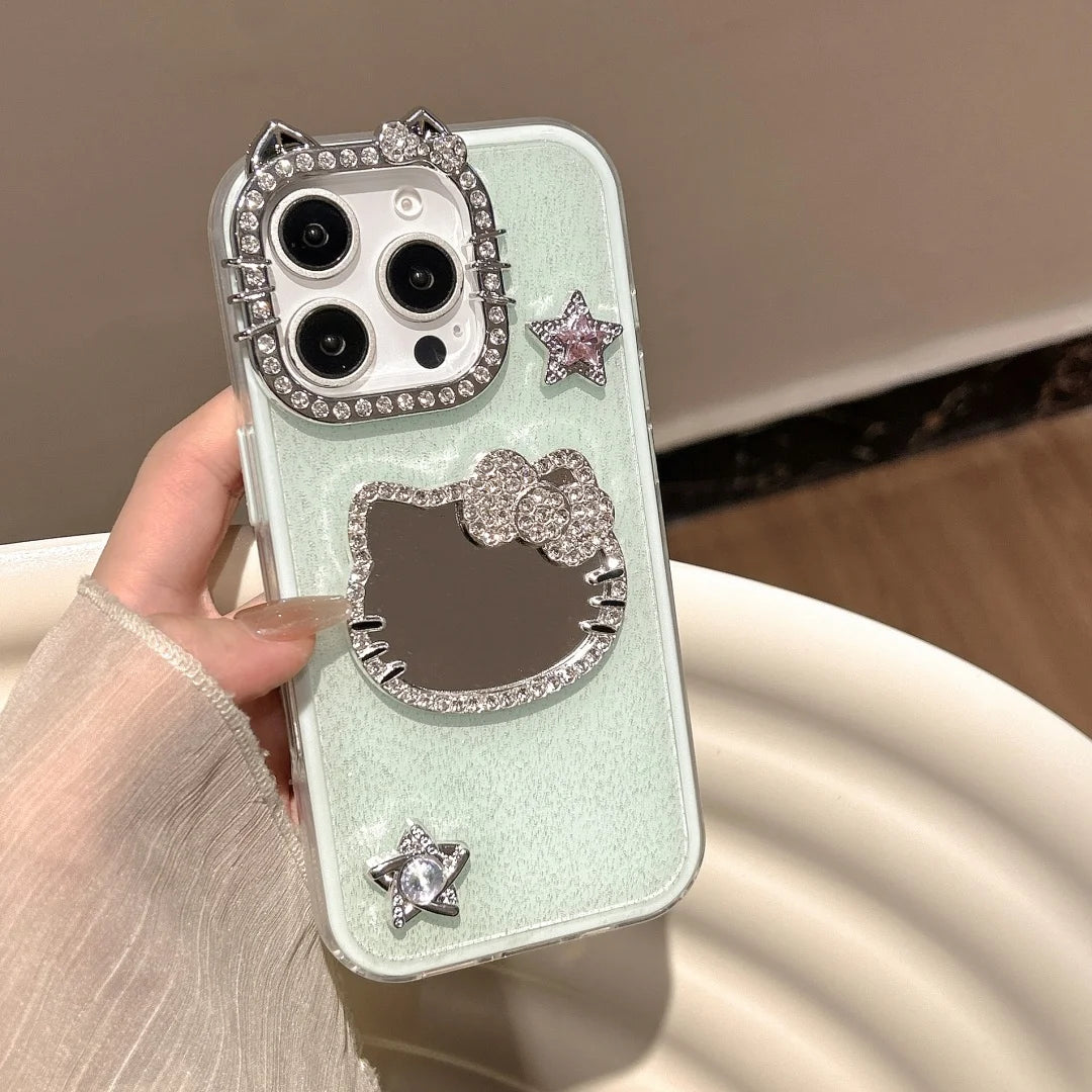 Fashion Diamond Glitter Make UP Mirror 3D Cute Cat Ears  Phone Case For iPhone 16 15 14 13 12 11 Pro Max Plus Cover
﻿﻿﻿﻿﻿
