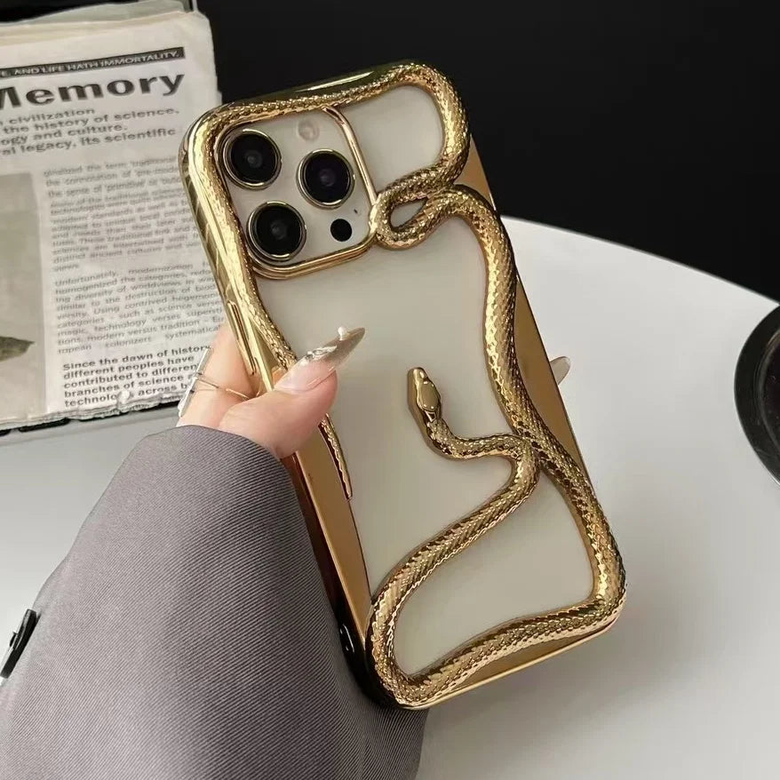 Fashion Snake Pattern Case For iPhone 16 Pro Max 15 14 Pro Luxry Plating Hollow Out Cover For iPhone 13 12 11 Transparent Cover