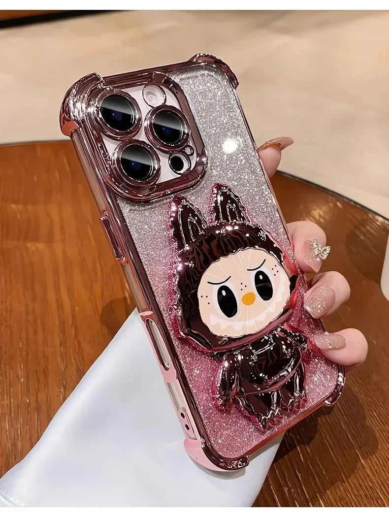 Cute L-La-bubuES Phone Case for iPhone 16 15 14 13 12 11 Pro Max Plus 16E X XR Shockproof Plating Silicone Glitter Powder Cover