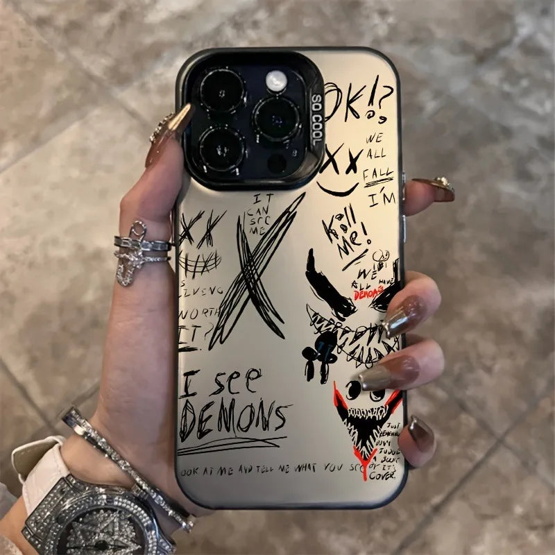 Graffiti Devil Design Phone Case For iPhone 16ProMax 16Pro 16Plus 16E 16 15 14 Plus 13 12 11 Pro Max Shockproof Hard Cover