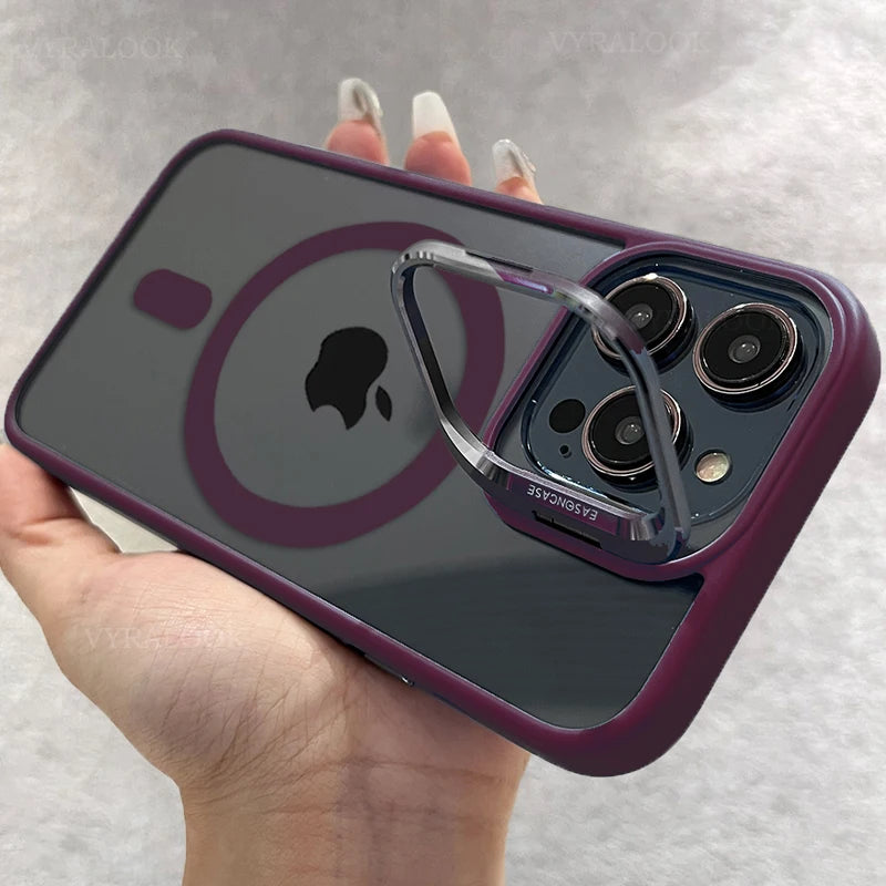 New Phone Case For iPhone 16 15 14 13 12 11 Pro Max Plus 17 Air For Magsafe Transparent Magnetic Lens Metal Stand Holder Cover