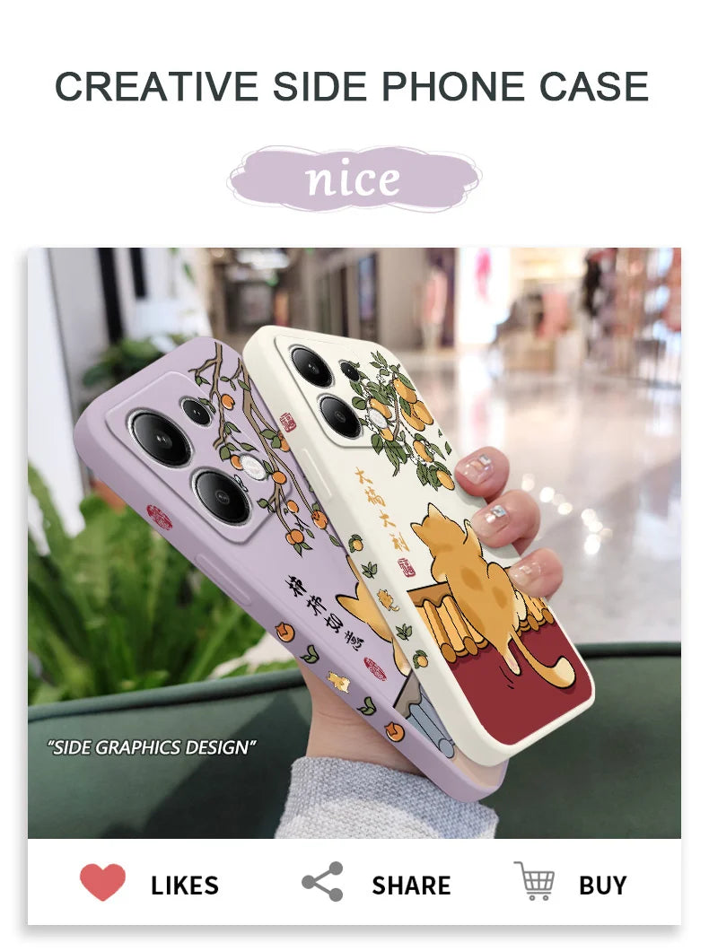 Cute Lively Cat Phone Case For Xiaomi Redmi Note 14 13 12 12S 11 11S 10 10S 9 9S Pro Plus 4G 5G Liquid Silicone Cover