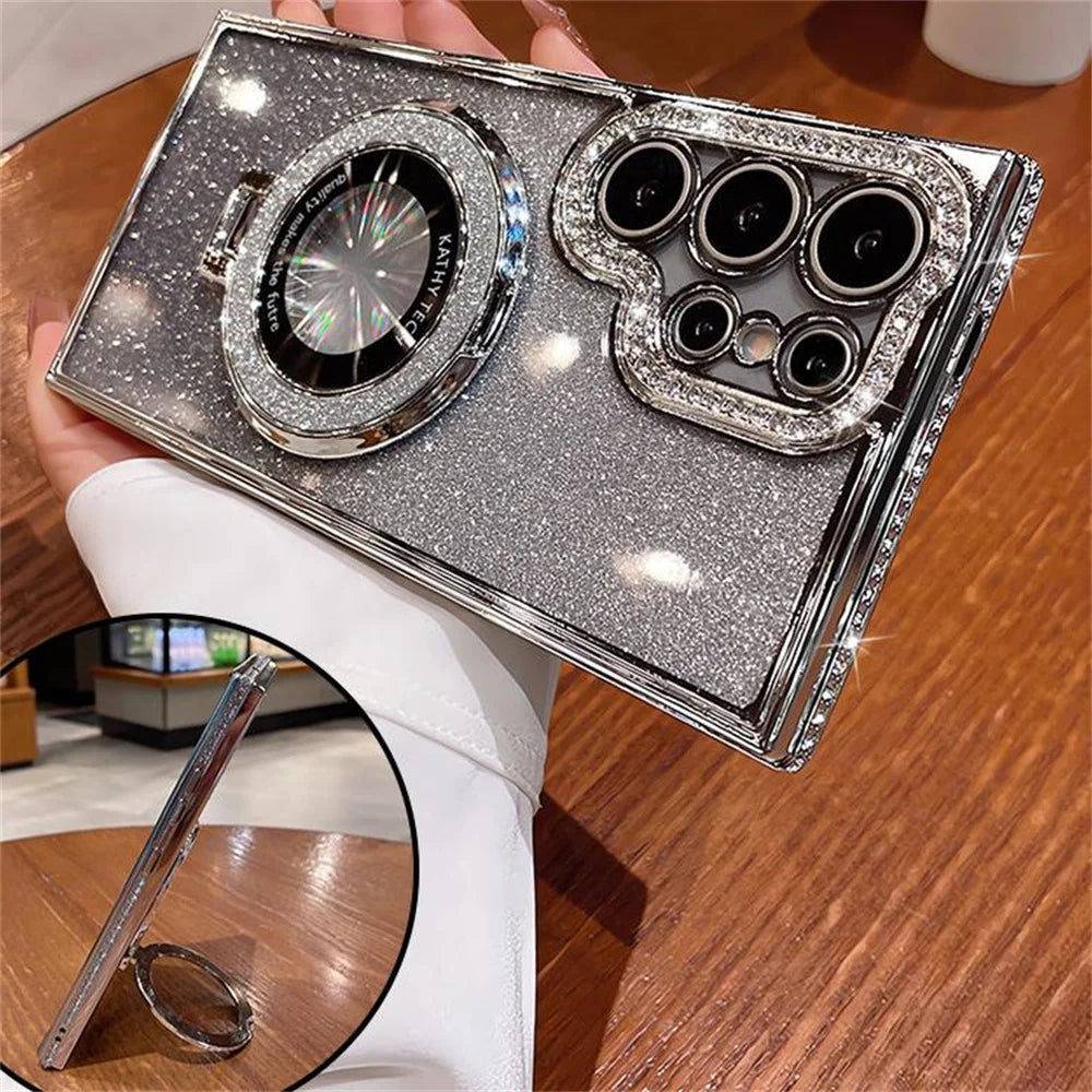 Luxury Glitter For Magsafe Magnetic Ring Stand Case for Samsung Galaxy S25 S24 S23 Ultra S22 Plus A55 A35 A25 A15 Diamond Cover