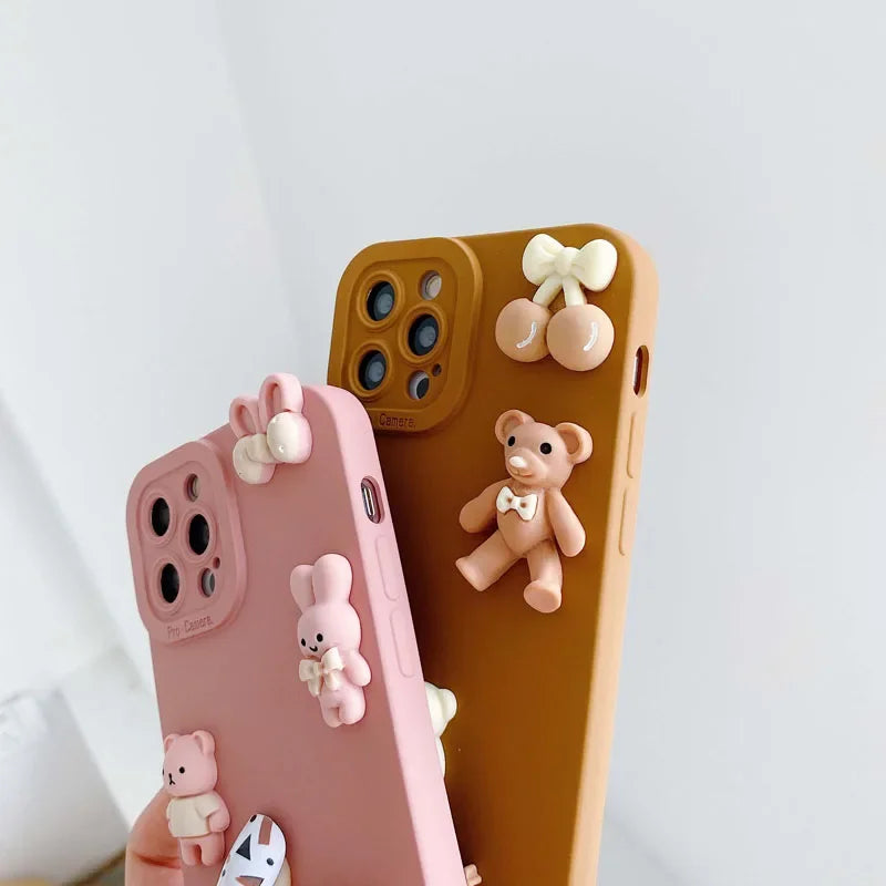 Cute 3D Bear Phone Case For iPhone16 11 12 13 Mini 14 15 Pro Max Anti Knock Back Cover for iPhone X XR XS Max 7 8 6 6s Plus Capa
